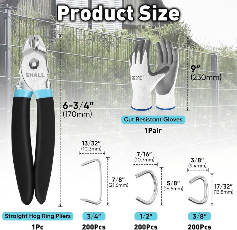 SHALL Hog Ring Pliers Kit with 600pcs Galvanized Hog Rings (3/8’’, 1/2’’, 3/4’’) for Upholstery, Fence, Animal Pet Cages, Bungee Cords, Bagging, Protective Gloves, Storage Case & Bag Included - Image 4